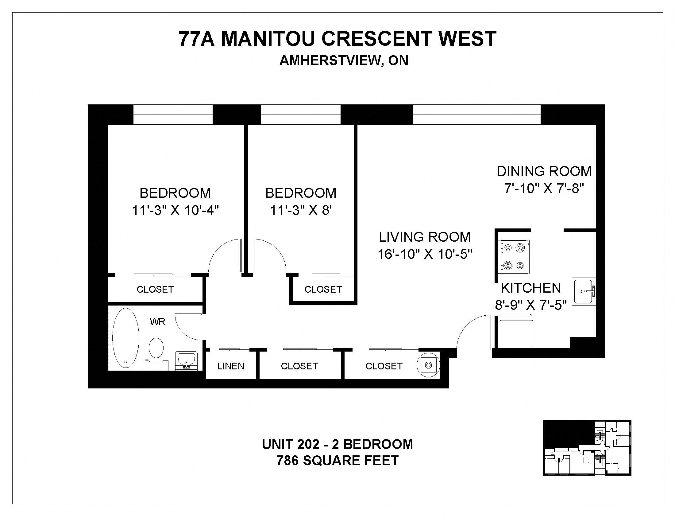 Floor plan for 2 beds, 1 bath, 786 sqft